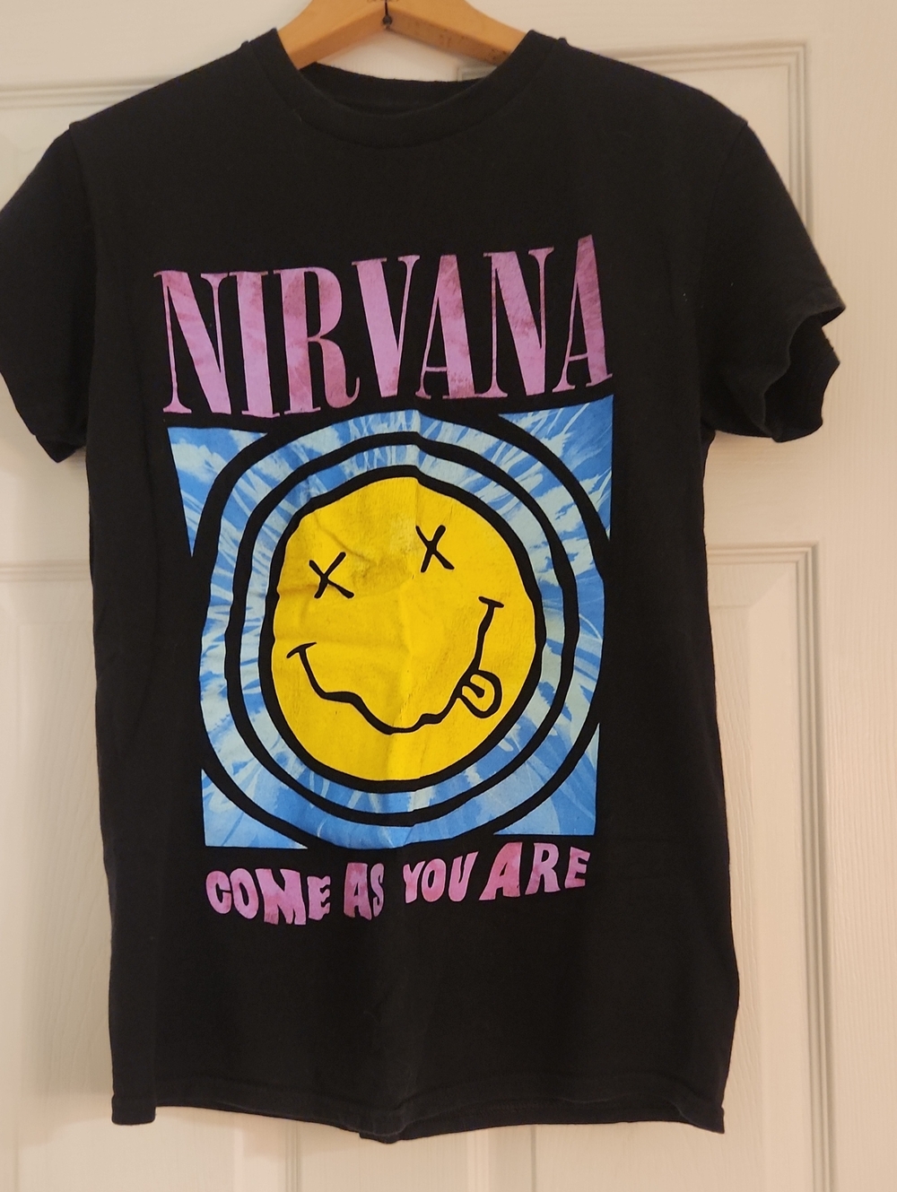 NIRVANA Black Tee with Yellow Smiley and Pink Logo